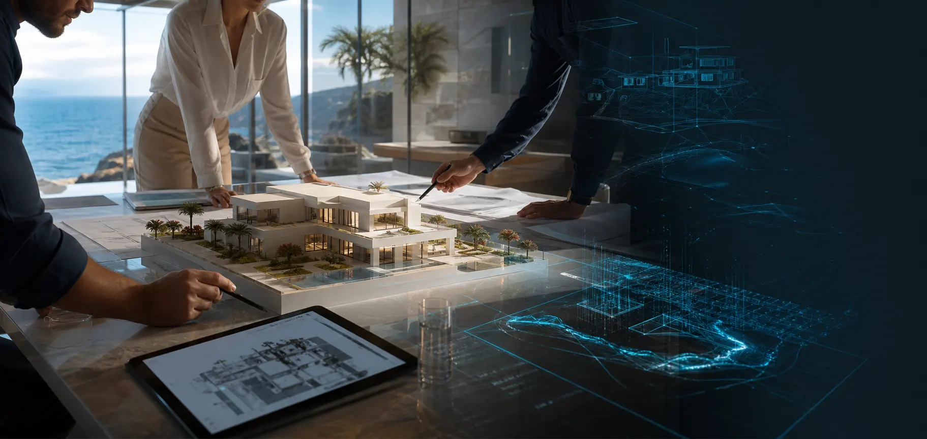 Private asset intelligence decision room with architectural model and digital planning overlays