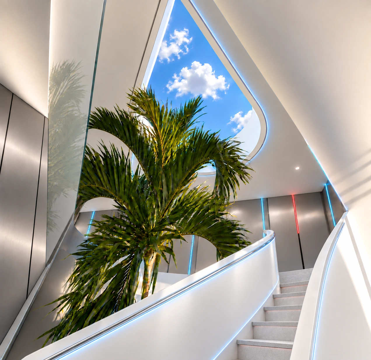 Atrio futurista de Villa Infinity en planta baja