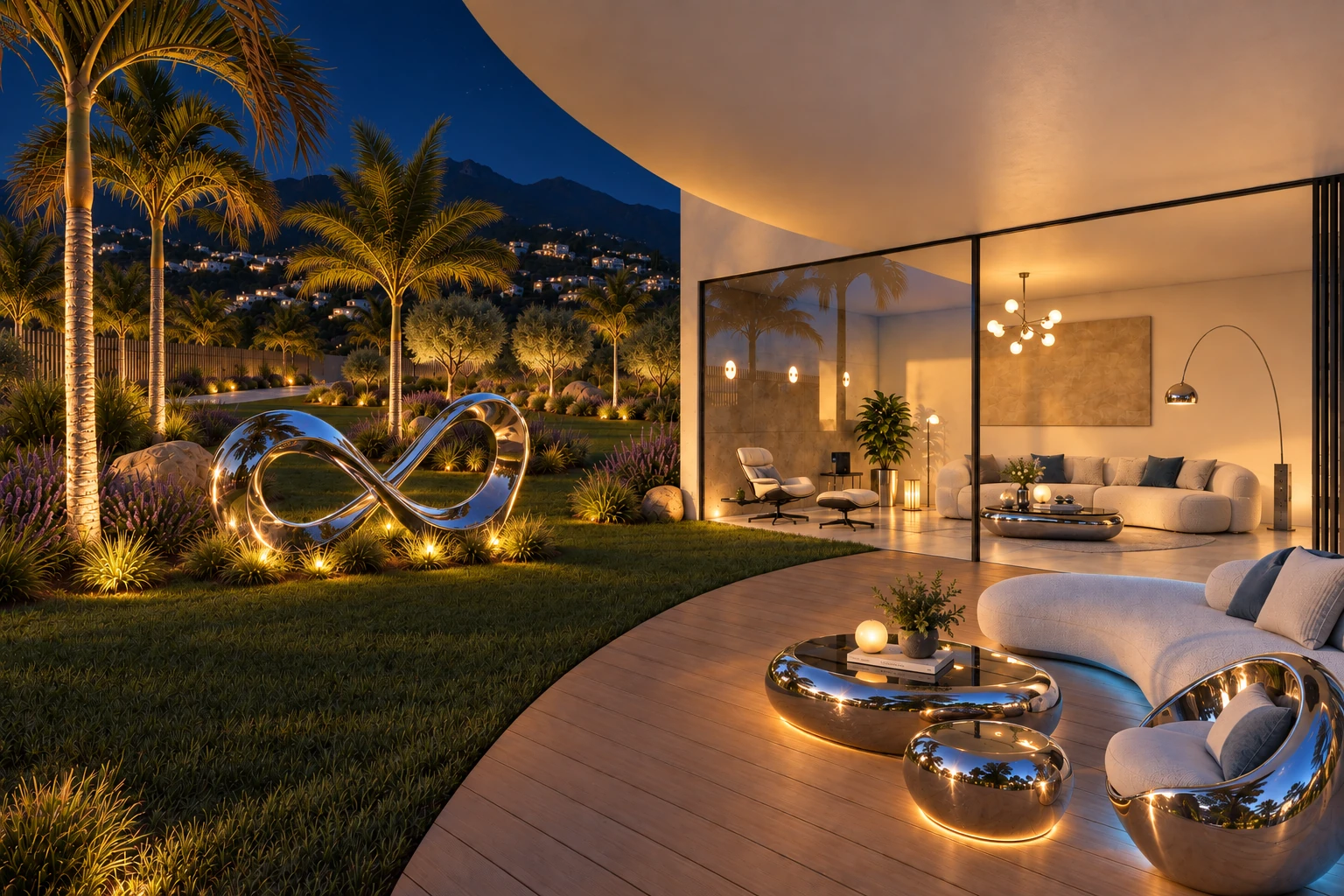 Terraza ajardinada futurista de Villa Infinity de noche