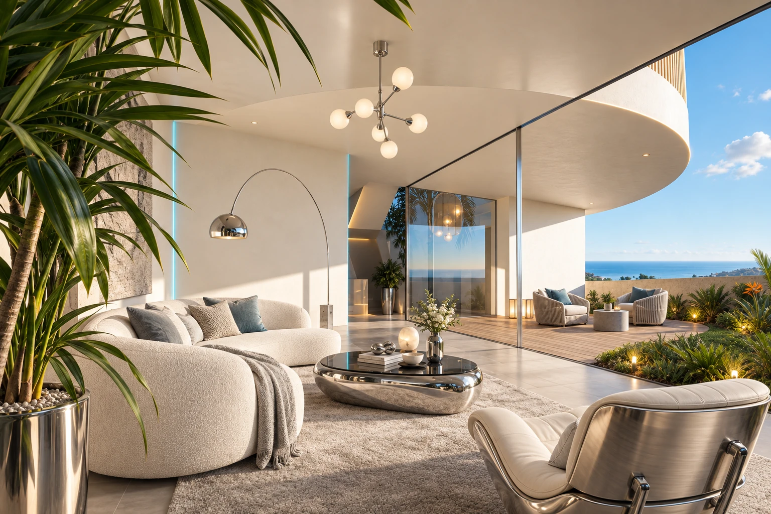 Salón futurista de Villa Infinity en planta baja