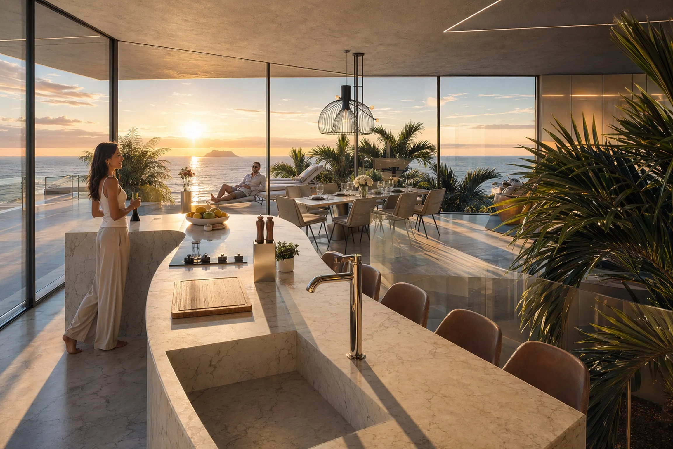 Villa Infinity dining room at sunset